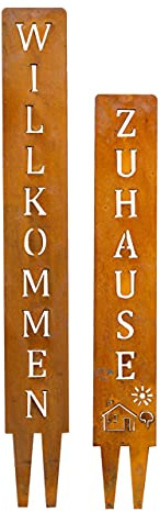 SteelTastic® WILLKOMMEN + ZUHAUSE - Edelrost Gartenstecker - 2 er Set - Perfekte Rost Deko für den Garten, Balkon oder Terrasse - Premium Qualität Made IN Germany
