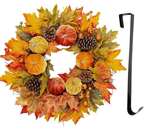 Briful 24 Artificial Wreath Autumn Wreath Door Wreaths with Velvety Pumpkin Silk Maple Leaves Natural Pinecones, Front Door Wreath with Metal Hanger for Wall Window Halloween Festival Décor
