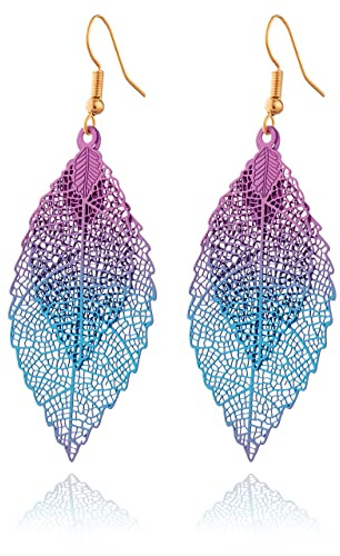 Selia farbenfrohe Sommer Trend Ohrringe in Blatt Optik - Elegant floral hängende BOHO Hängeohrringe - Natürliche bunte Hippie Beach Earrings für Damen (Shiny Purple)