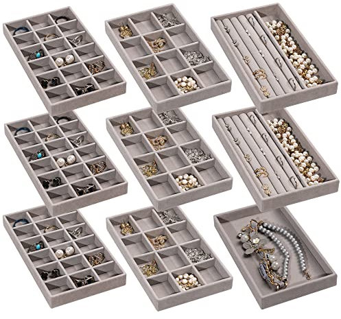 Frebeauty Schmuck Organizer Tablett, stapelbare Samt Schmuck Tabletts, Schublade Einsätze Ohrring Organizer für Frauen Mädchen Lagerung Vitrine für Ringe Stud Halsketten, Set 9(Grau)
