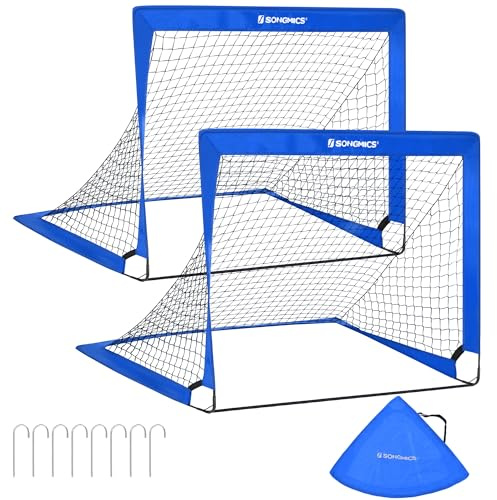 SONGMICS SZQ122Q02 - Set di 2 gabbie da calcio pieghevoli, montaggio rapido, per giardino, corso, telaio in fibra di vetro, tessuto Oxford e poliestere, blu