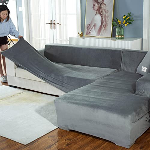 LJQAIZYL Sofa Schonbezug U Form Ecksofa Couch Bezug,Dickere Samt Sofabezug L Form Links Rechts,2er Set Chaiselongue Sofa überzug für Wohnzimmer, Sofa Überwürfe für Hunde Haustiere,GrayB-2seats+3seats
