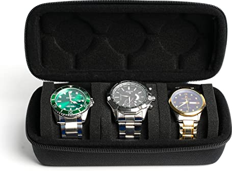 RIGICASE 3 Uhren-Reisekoffer, Hartschalen-Tragetasche, Rollen-Display-Aufbewahrungsbox mit weichen Schaumstoff-Kissen, passend für alle Uhren bis zu 60 mm Zifferblatt