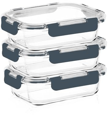 Bewunder Kyoto Mealprep - Contenitore salvafreschezza con 3 contenitori in vetro + 3 coperchi in plastica (grigio) | 100% ermetico e igienico | lavabile in lavastoviglie, adatto al microonde