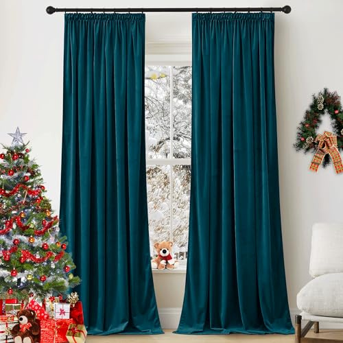 PONY DANCE Rideau Bleu Canard - Rideaux Velours Lourd Anti Froid Thermique pour Enfant Chambre/Ado, Doux Opacité Décoration de Fenêtre/Noël Galon Fronceur, L 132 x H 260 cm, 2 Panneaux