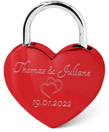 Serrure en forme de cœur gravée avec gravure - Serrure personnalisée dorée avec clé en forme de cœur - Personnalisée avec nom et date - Idée cadeau pour la Saint-Valentin - Cadeau pour elle et lui