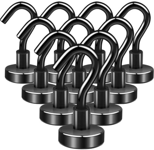 swihorab Magnethaken, 10Stück Extra Stark Magnet Haken 10kg Super Starke Neodym Magnete mit Haken, 16mm Neodym Magnete Haken für Küche, kühlschränke, Klassenzimmer, Kreuzfahrt Magnethacken Schwarz