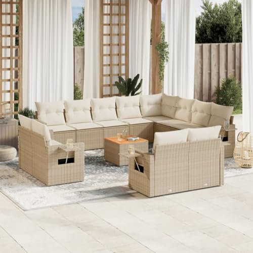 Rantry 13-TLG. Garten Sofagarnitur mit Kissen Gartensofa mit Stauraum Gartenlounge Balkonmöbel Gartenmöbel Loungesofa Rattansofa mit Gartentisch Ecksofa Gartenset Sitzgruppe Beige Poly Rattan