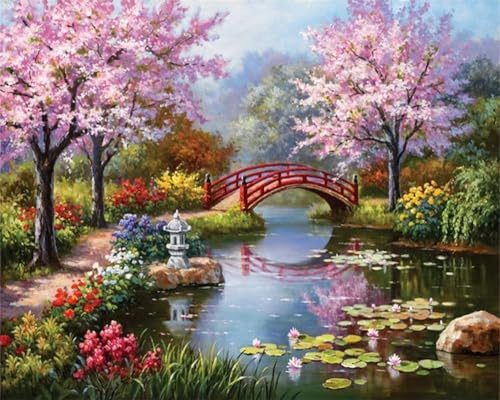 Meecaa Kreuzstich-Sets 11 Count gestempelt, Landschaft Brücke See Herbst Blume Stickerei-Set mit Zubehör vorgedruckt (36 x 46 cm) (Landschaft 1)