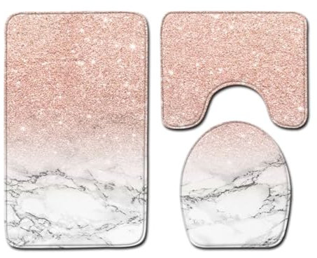 Bad Teppiche Set 3-Teiliges Rosa Eleganter Marmor WC Vorleger Mit Ausschnitt Badematte Saugfähig WC Deckelbezug Badvorleger rutschfest Waschbar Toilettensitzbezug Badgarnitur (45x75cm)