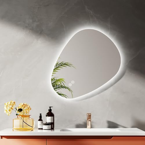 EMKE Badspiegel mit Beleuchtung 60 x 45 cm Asymmetrischer LED Spiegel mit Touch-Schalter, 3 Lichtfarben Dimmbar, Beschlagfrei Badezimmerspiegel mit Beleuchtung IP44 Energiesparend