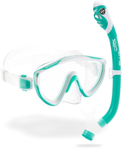 Cressi Tinetto & Iguana Dry Aqua Green/White - Kids Snorkeling Kit (Mask & Snorkel) for Children from 6 to 10 Years Old, Green/White