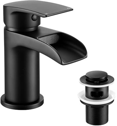 Peppermint Black Bathroom Taps with Pop Up Waste, Basin Taps Mixers Waterfall Bathroom Sink Tap with Basin Waste, Modern Single Handle Watefall Tap with Hot and Cold Water Hoses