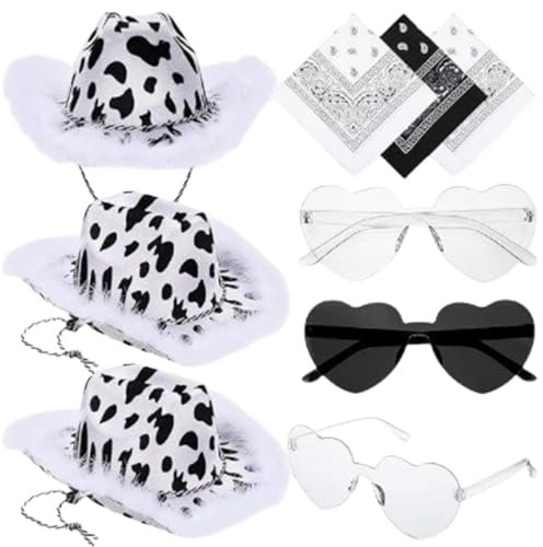 alloneslife Cowboyhut, 9 Set/Pack Erwachsene Herz Sonnenbrille + Cashew Halstuch + Cowboyhut Set, sonnenfester Erwachsenenhut mit Kuhdruck, 9-teiliges Set, S-3XL