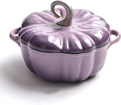 Pumpkin Cocotte Cast Iron Dutch Oven - Enamel Pot with Lid for Stews and Soups - Thanksgiving Halloween Decor - 3.7L Purple Pot for 3-5 Servings