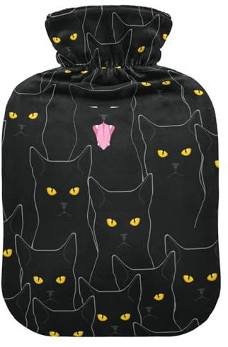 Wärmflasche mit Bezug, Tier Schwarze Katze 1L Auslaufsicher Wärmbeutel für Hand Füße Wärmer Nacken Schulter Rücken Muskel Schmerzlinderung Kaltkompresse