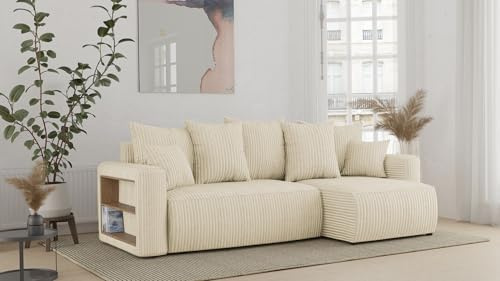 ecksofa mit schlaffunktion und bettkasten SOLERO l-form Sofa Couch mit bettkasten, 3-Sitzer eckcouch, schlafsofa für Wohnzimmer, Sofa Couch mit schlaffunktion (Beige, Ottomane Rechts)
