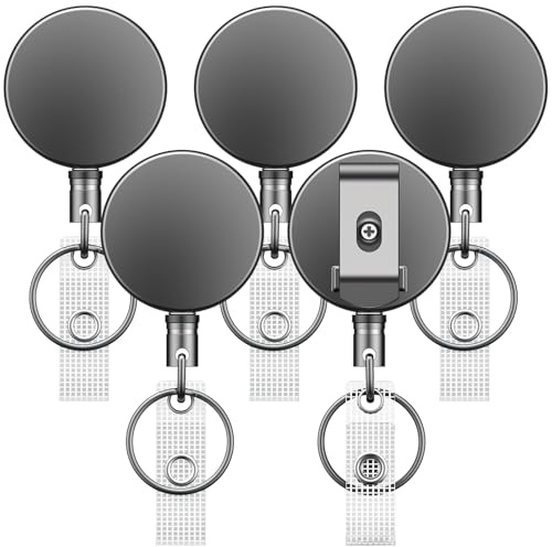 Uniclife 5 Pcs Porte Clé Rétractable Robuste Enrouleurs de Badges Métal Très Résistants Porte Badges Boîtier Métallique avec Ressort Inoxydable 70 cm de Corde Nylon Clip de Ceinture et Anneau de Clé