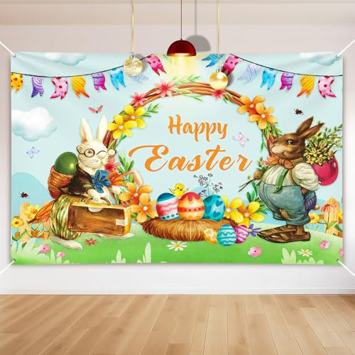 Bigqin Bannière de Pâques, 180 x 110 cm, Bannière de Garage d'Pâques, Décoration Bannière Arrière-Plan Imprimée à la Main pour Pâques de Intérieure et Extérieure