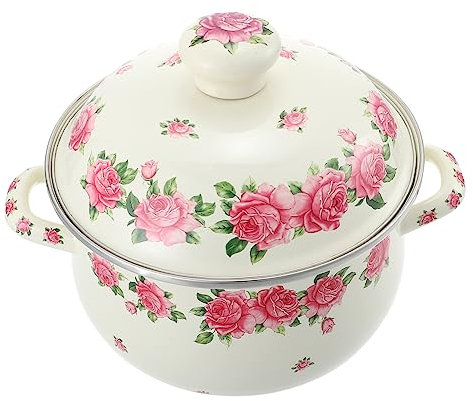 KICHOUSE 20cm Pink Rose Enamel Soup Pot Lid Double Handle Vintage Enamelled Stew Pot for Handheld Cooking Suitable for Stove and Oven