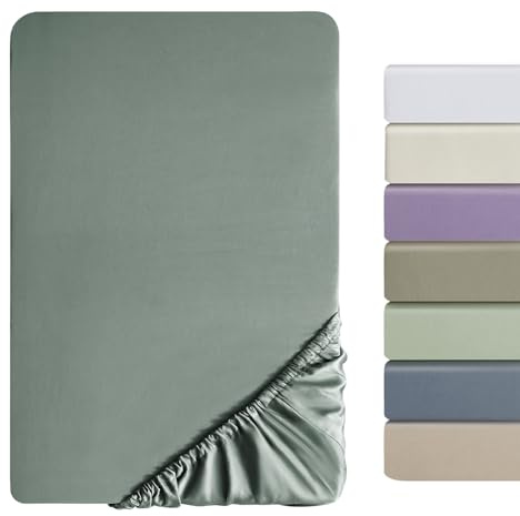 SOULFUL Satin Spannbettlaken 120x200cm Baumwolle Oeko-TEX GrauSage | 100% Langstapelige Baumwolle Kühlend Seidig Luxus Spannbettlaken bis 25cm Matratzenhöhe für Allergiker Geeignet
