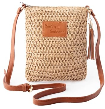 FULEI Summer Straw Crossbody Bags for Women Small Lightweight Woven Beach Bag with Tassel, Adjustable PU Strap, Zipper Pocket