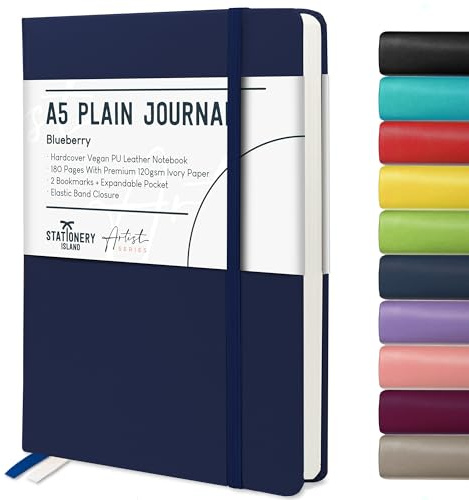 STATIONERY ISLAND Notizbuch A5 Blanko, Journal Hardcover mit 120 g/m² Dickem Papier, 180 Seiten Tagebuch, Notebook a5 für Mädchen, Reisetagebuch, Planen, Lernen, Dunkelblau
