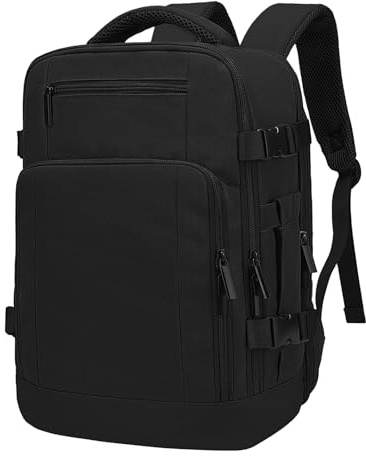 ZHXX zaino easyjet 45x36x20,bagaglio a mano,30L zaino aereo con compartimento dedicato per laptop da 15,6”, Tasca nascosta, foro USB e foro cuffie.Nero pieno.
