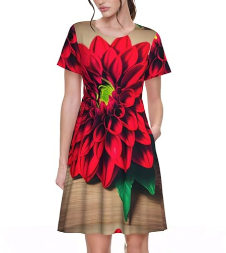 Wooden Board Retro Flower Red Dahlia Women's Casual Tshirt Short Sleeve Sundress for Party, Outdoor Gatherings with Pockets, Black, S