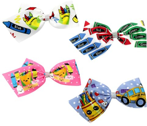 Umibow 4 Pcs Back to School Hair Bow Clips Crayon Apple Printed Bowknot Hair Barrettes Glitter Pencil Hair Bows for First Day of School Students Teacher Graduation Season Decor(Color B)