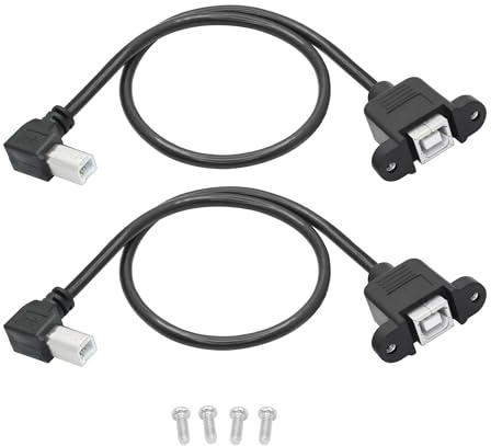 Riertostng 2 Pcs 90 Degree USB 2.0 Printer Extension Cable, USB-B 90 Degree Elbow Male to USB-B Female 30mm Hole, Right Angle Socket Scanning Line Screw Panel Installation and Fixation (1FT)