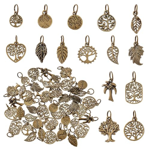 AHANDMAKER Ciondoli a forma di cuore con foglie e albero della vita, in lega tibetana, con foglie e rami, ciondoli in metallo per gioielli fai da te, collane, portachiavi, decorazione del