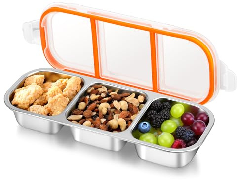 WUISOLQP Snack Box with Compartments, Stainless Steel Lunch Boxs, 3 Compartments Stainless Steel Bento Box Reusable Food Storage, for Adults and Kids Office School Food Container
