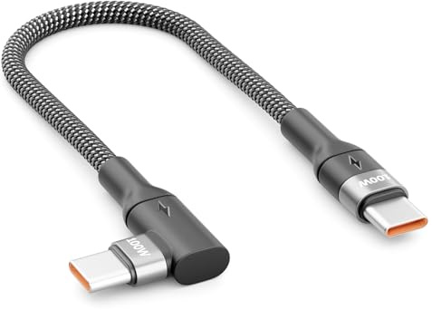deleyCON 0,15m Cable de Carga USB C 100 W Corto 90° Cable USB-C a USB-C Acodado para iPhone 17 16 15 Pro Max Air Galaxy A16 A56 S25 S24 S23 Pixel iPad Pro MacBook AirPods Tablet PS5