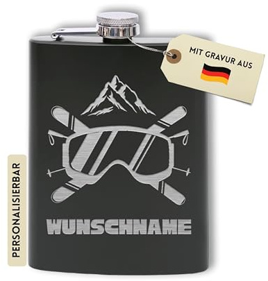 Flanacom Flachmann mit Gravur aus Edelstahl inkl. Trichter 227ml / 8oz Ski Fahrer Alkohol Geschenke für Männer Flachmann Personalisiert mit Wunschgravur (Design 3 Schwarz)