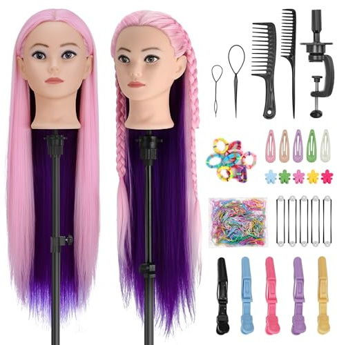 TwoWin frisörträningshuvud med piercade öron, 71 cm (28 tum) syntetiskt fiberhår skyltdockhuvud, dockhuvud för hårflätning och stylingövning, peruk stylinghuvud med klämma och verktygsset (rosa + lila