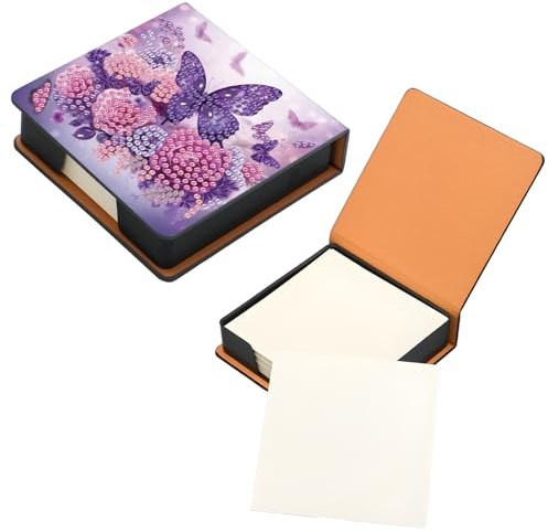 Butterfly Diamond Painting Art Kit Note Box Sticky Note Holder Sticky Notes Dispenser Self Stick Note Pad Organizer Notepad Holder for Desk Memo Paper Storage Box School Office Dorm Home Purple Flower