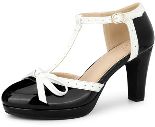 Allegra K Women's Platform Bow Chunky Heels T-Strap Mary Janes Pumps | Platform chunky heel T-strap Mary Jane pumps with bow. Padded insole. Secure fit. Retro party chic.