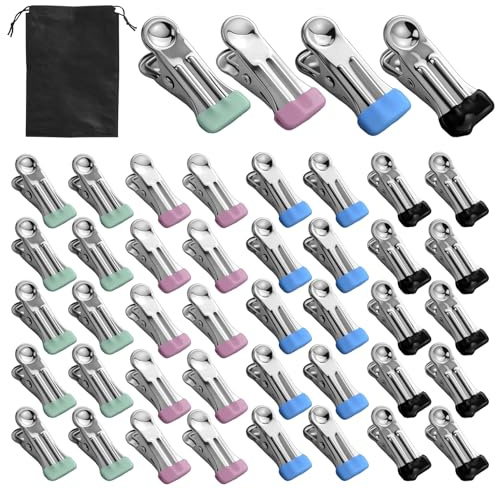 60 pinzas para la ropa de acero inoxidable, pinzas de metal multifuncionales, antideslizantes, resistentes para calcetines, toallas, selladores de alimentos (azul, negro, verde, rosa)