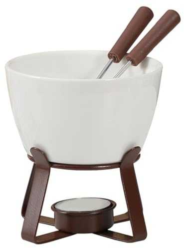 Takingup Taza de Fondue de Chocolate Taza de Fondue de cerámica con 2 Tenedores y Soporte de Hierro, Reutilizable para derretir Chocolate para Queso o (Vela no incluida)