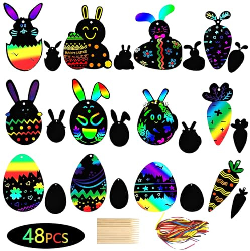 24 Pcs Ostern Kratzbilder, Bastelsets Ostern, Bunte Regenbogen-Scratch-Papierkarte Scratch Crafts für Kinder Ostereierhasen-Kükenform mit Bändern Kratzstift Scratch Art für Osterfest Party Deko