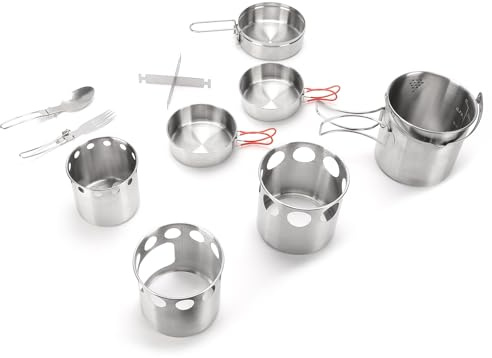 Funien Juego de Utensilios de Cocina para Acampar Acero Inoxidable, Duradero, Liviano, para Cocinar Al Aire, Hervir Sopa y Freír, Ideal Caminatas, Aventuras, Sartén 1 Litro