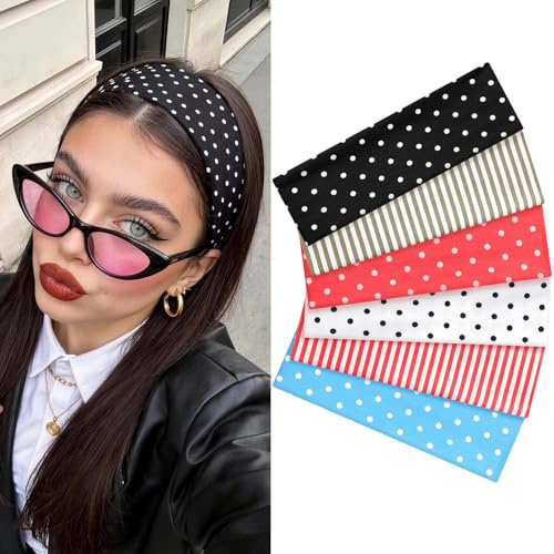 Kavya Stirnband Damen Sport 6er Pack, Punkte Muster Haarband, Elastisch Leopardenmuster Haarbänder rutschfest Headband für Yoga Fitness Workout Laufen Gym, Atmungsaktiv Y2K-Stil Haarschmuck