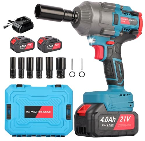 Nexalite Pistola de Impacto a Batería 1/2”,1300 Nm, Llave de Impacto a Batería 21V con 2 Baterías 4.0Ah, 3 Velocidades, 6 Vasos (14–22 mm), Pistola Impacto Batería para Coche y Taller