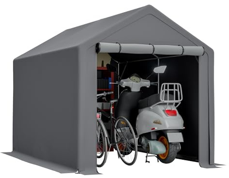 Cykelgarage 296 x 190 x 200 cm, väderbeständigt utrustningsskjul, carport, tält med UV-skydd och rullbutik, stålramsstruktur, för 1–4 cyklar, terrass motorcykel garage, trädgårdshus, grå, HD26042003