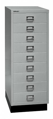 BISLEY MultiDrawer, 39er Serie mit Sockel, DIN A3, 9 Schubladen, Metall, 355 Silber, 43.2 x 34.9 x 94 cm | Mit Sockel, DIN A3, 9 Schubladen, silber, schwarz