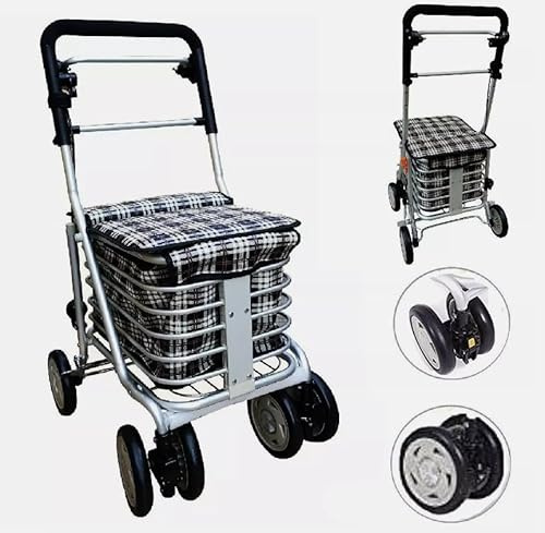 Elegant 6 Wheeled Sit & Go Shopping Trolley With Adjustable Handle Height & Hand Break - Foldable, Seat, Black Aluminium Frame & Wheels, 5kg Weight Capacity