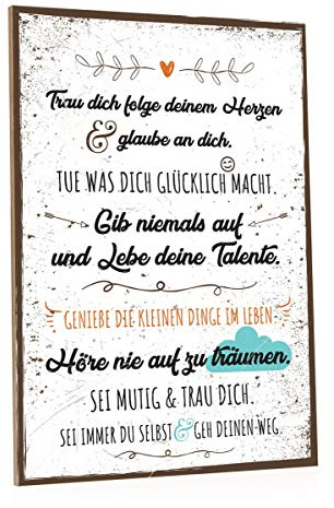 GRAVURZEILE Holzschild mit Spruch - Folge Deinem Herzen - Moderne Kunstdrucke auf Holz - Wand Dekoration im Vintage-Look Kunstdruck für Familie Freunde in Küche Home & Co