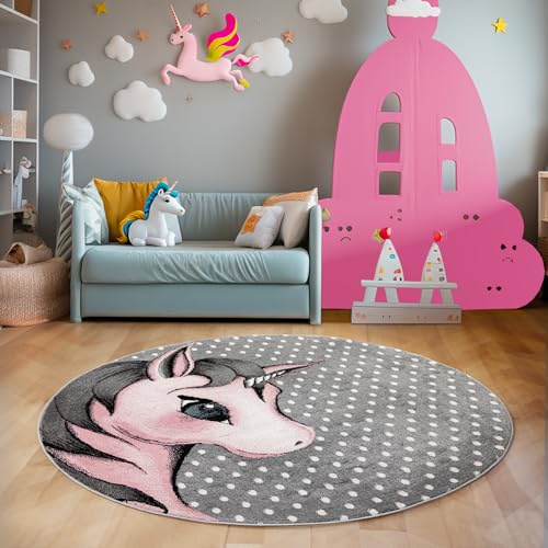 SIMPEX Runder Kinderteppich Einhornmotiv Ø160 cm Großer Spielteppich für Mädchen Hautsympathisch & Traumhaft
