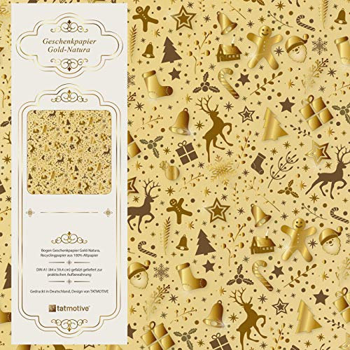 Geschenkpapier Weihnachten Gold Natura 50 Bogen 84 x 59 cm, Öko Recycling-Papier nachhaltig gedruckt, Weihnachtsgeschenkpapier Weihnachtspapier